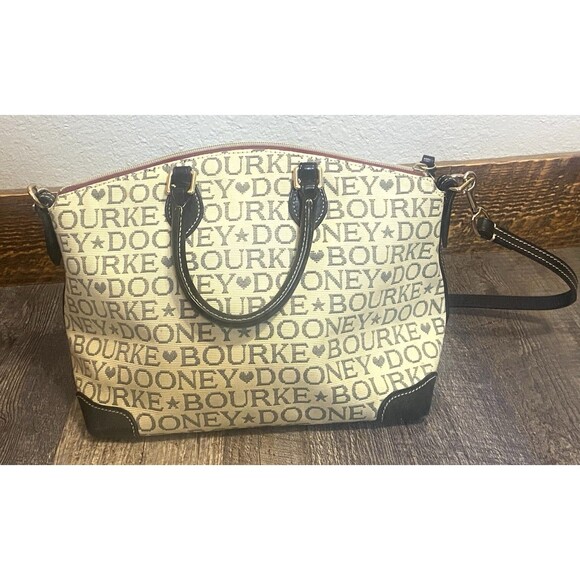 Dooney & Bourke Signature Jacquard Satchel Cream Leather Trim Shoulder Bag Y2K - Picture 3 of 16